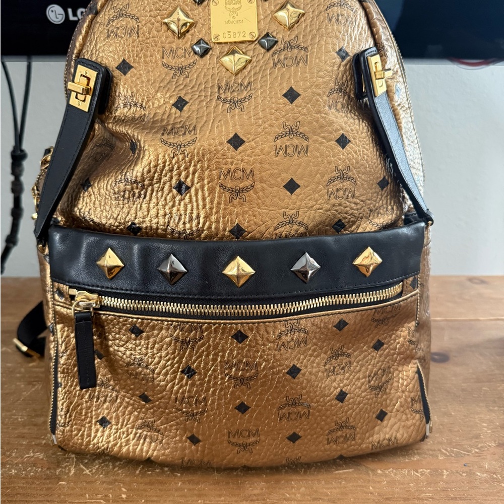 MCM Metallic Gold and Black Studded Backpack